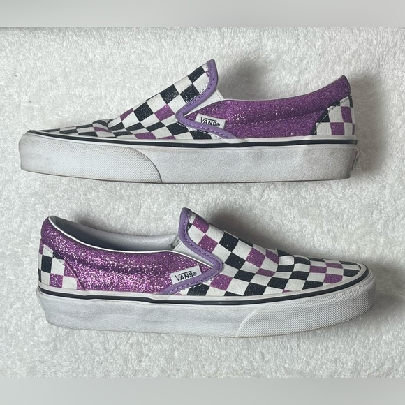Vans Slide Ons Shoes - Sparkly Checker Purple, White, Black - Women’s Size 6 - Picture 9 of 13